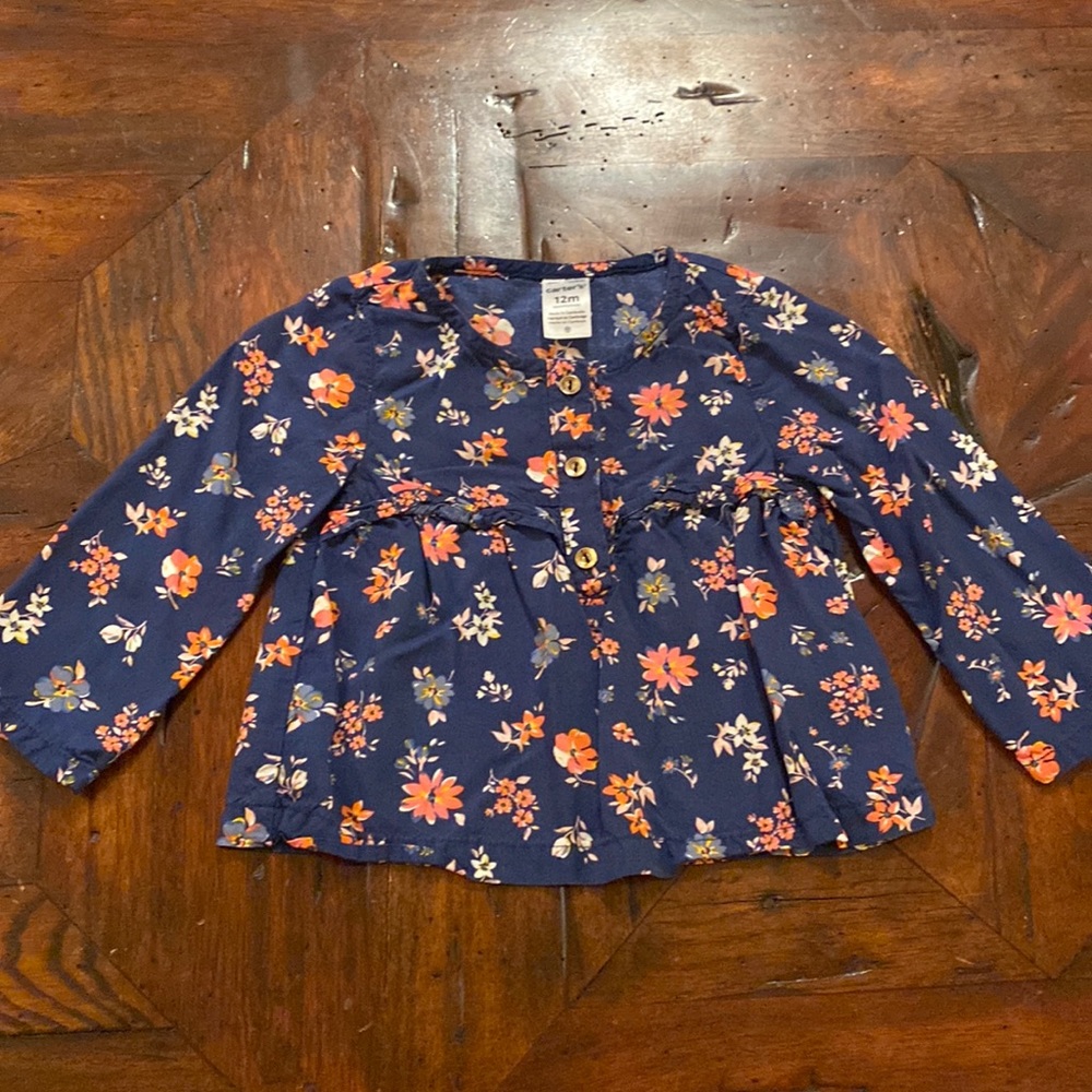 Floral & Navy Blue Long Sleeve Tunic Blouse Baby Girls Size 12 Months